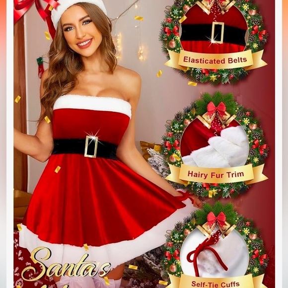 Women’s Christmas Lingerie Set – 3 Piece Santa Red Chemise with Belt and Cuffs - Picture 3 of 4